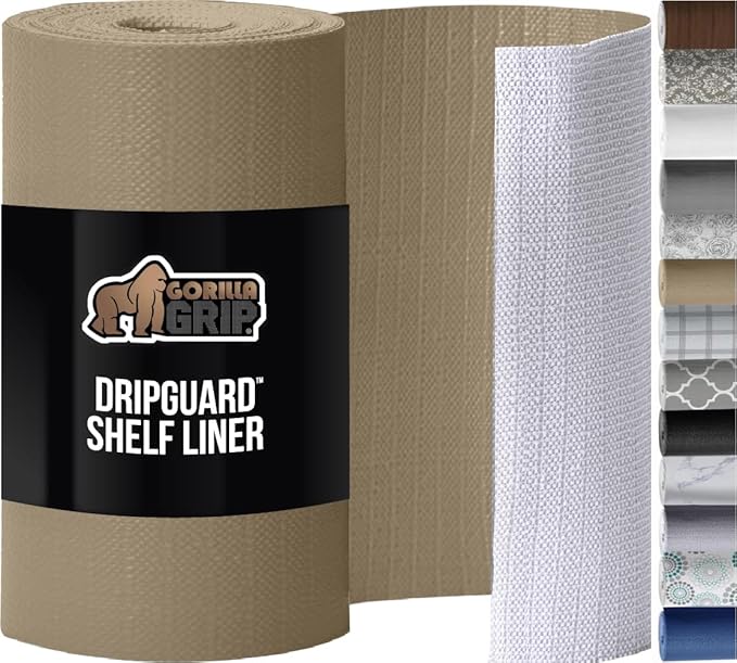 GORILLA GRIP DripGuard Shelf Liner, Non Adhesive Drawer and Kitchen Cabinet Protector, Slip Resistant BPA Free Smooth Surface Plastic Liners for Cabinets, Bathrooms, Closets, 12x120 Inch, Beige