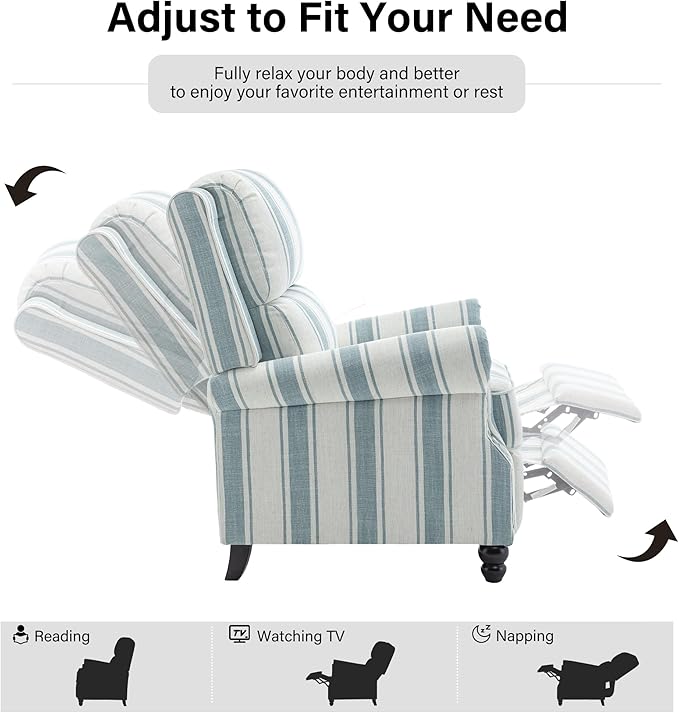 Recliner Chair, Modern Pushback Armchair with Adjustable Backrest & Footrest for Bedroom, Living Room, Blue Stripe,Set of 2