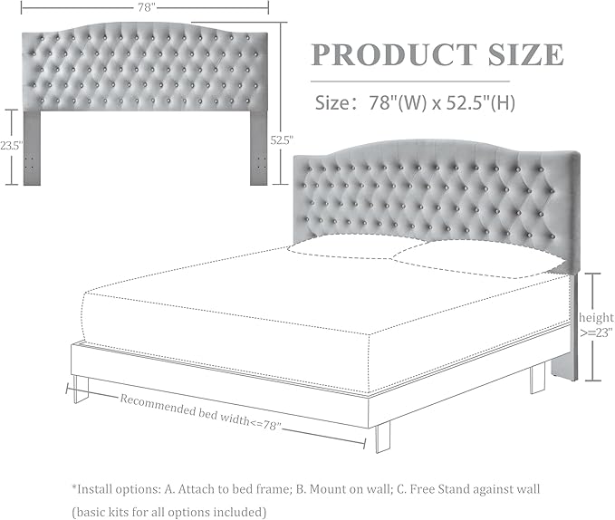 Velvet Upholstered Headboard King/Cal King Size Latest Model Wall Mount, Bed Frame Mount, Featuring High-Density Sponge Padding, Luxury Texture Easy Assembly and Style-Light Gray