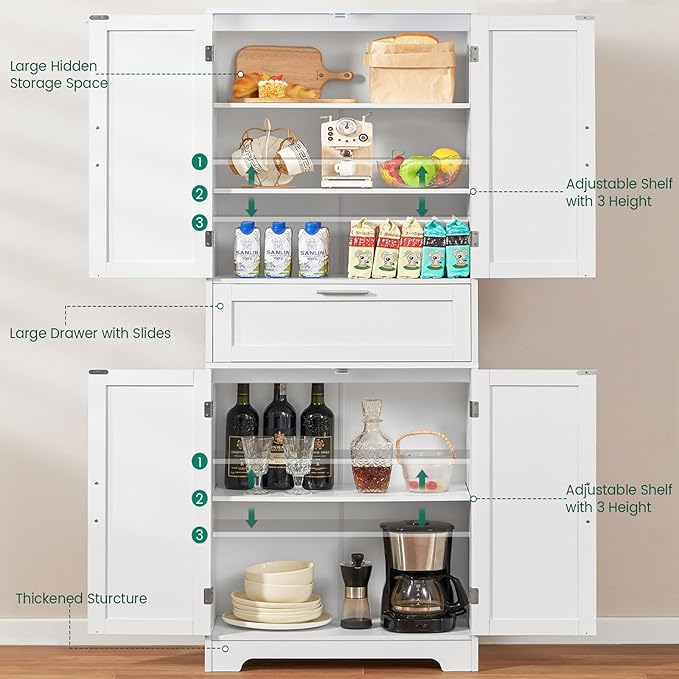 Iwell Tall Storage Cabinet with Adjustable Shelf & 1 Large Drawer, Pantry Cabinet with 4 Doors, Bathroom Cabinets, Kitchen Cabinets for Dining Room, Living Room, Home Office, White