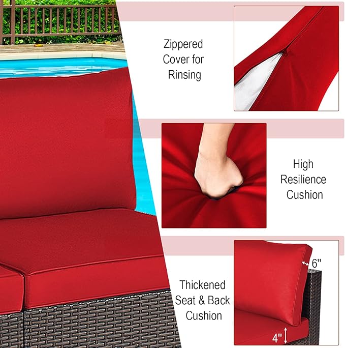 COSTWAY 2PCS PE Rattan Armless Sofa, Wicker Patio Conversation Set Chairs with Soft Cushion, Outdoor Sectional Furniture for Yard, Poolside (Red)