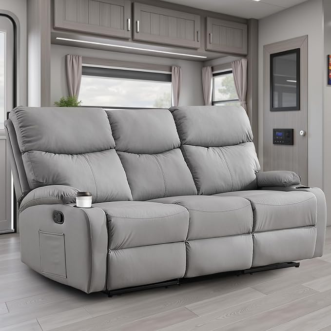 3-Seater Manual Seater Reclining Anti-Scratch 3 Seat Reclining Sofa with Side Pocket and Cupholders Reclining Loveseat Sofa for Living Room Meeting Room Bedroom Office Apartment