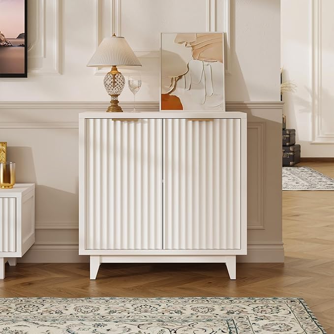 Fluted Cabinet with Storage, 2 Doors Sideboard Buffet, Mid Century Modern Accent Cabinet with Adjustable Shelves, Multifunctional Console Table with Storage for Living Room, Kitchen, Entryway