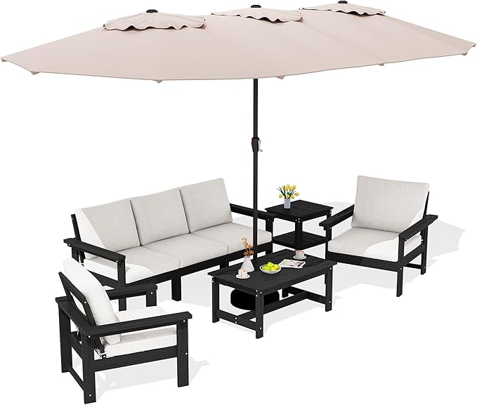 SERWALL HDPE Patio Furniture Set with 15FT Double Side Patio Umbrella, 7-Piece Outdoor Modular Sectional Sofa Set, All Weather Patio Couch Set for Deck, Black & Beige(Umbreall Base not Included)