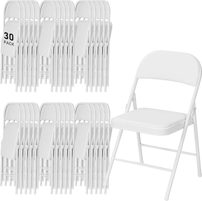 SEALAMB 30 Pack White Folding Chairs with Padded Seats & Cushion, Durable Metal Foldable Chairs for Wedding Party, Commercial Chairs for Office School Church Events, 330lb Capacity (White-PU, 30 Pack)