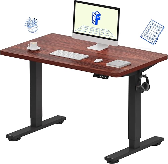 FLEXISPOT EN1 Whole-Piece Standing Desk 40x24 Electric Adjustable Height Small Heavy Duty Steel Stand Up (Black Frame + Mahogany Top, 2 Packages)
