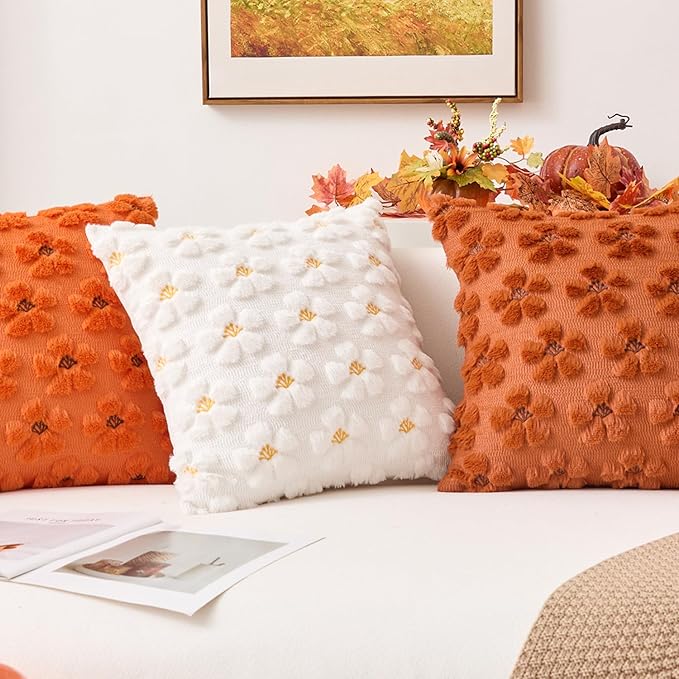 Kevin Textile Fall Floral Pillow Covers 18x18 Inch Set of 2 Cute Flowers Embroidery Decor Soft Plush Faux Fur Throw Pillows Pillowcases for Holiday Harvest Decor Sofa Couch Bedroom, Orange