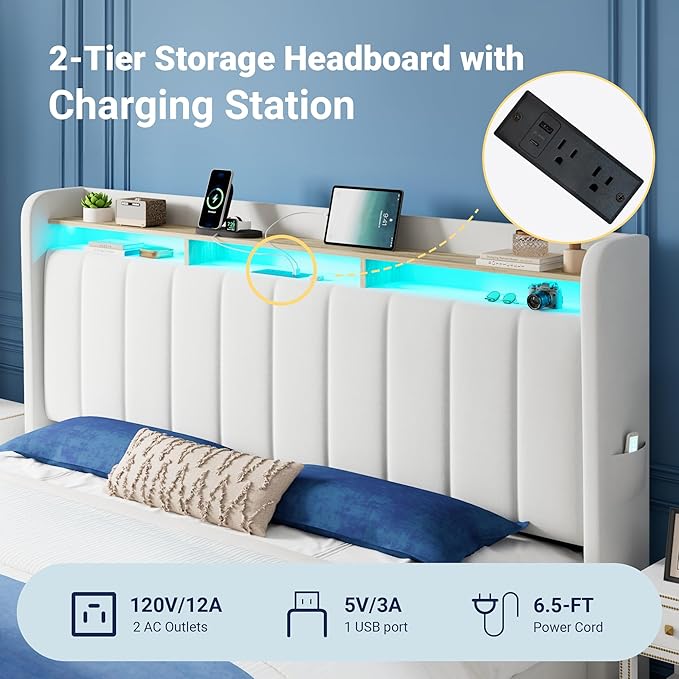 Allewie Velvet Vertical Tufted King Size Upholstered Platform Bed Frame with 2-Tier LED Storage Headboard & 2 Storage Drawers, USB & Type-C Charging Ports, Noise-Free/No Box Spring Needed, White