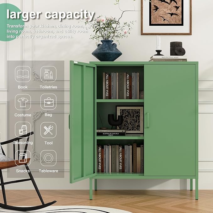 Green Metal Cabinet,Bathroom Floor Storage Cabinet,40"H Small Cabinets With Doors,2 Door Metal Towel Freestanding Cabinet For Small Spaces,Two Door Hallway Short Cupboard,Low Cabinet For Living Room