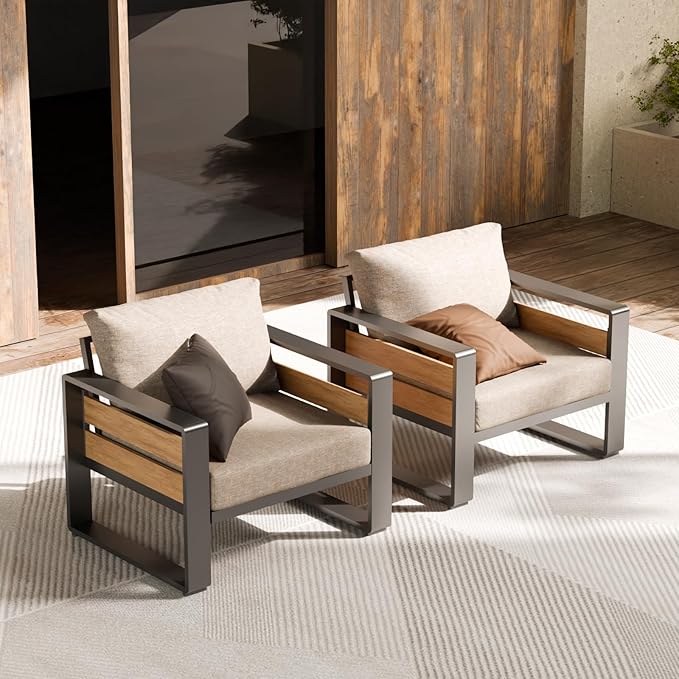 ZANDOR Aluminum Outdoor Patio Furniture - 2 Pcs Armchairs and Coffee Table, All-Weather Metal Modern Outside Furniture with Washable Thick Cushion for Garden/Backyard/Porch, Grey