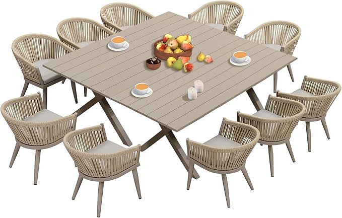 PURPLE LEAF 12 Pieces Outdoor Dining Set with Patio Aluminium Dining Table and Wicker Chairs Modern Furniture Cushions Sets for Backyard Indoor Decor Kitchen Champagne