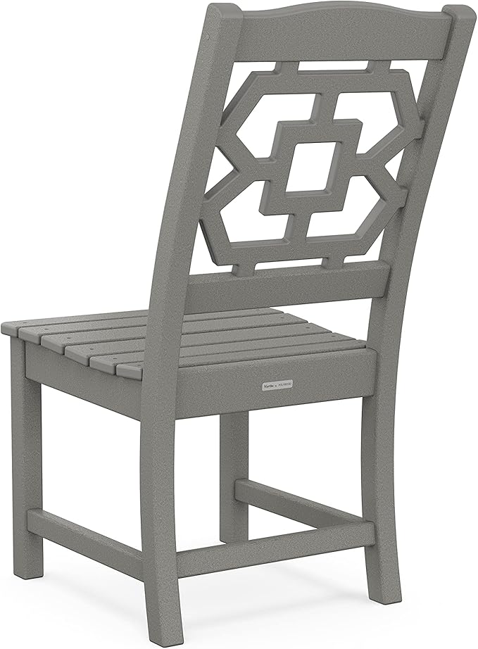 Martha Stewart by POLYWOOD Chinoiserie Outdoor Dining Side Chair, Slate Grey, Durable HDPE All-Weather, Comfortable Patio Seating with Latticework Back, Backyard, Garden Furniture, Made in The USA