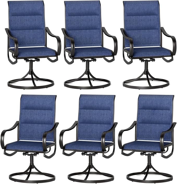 PHI VILLA Patio Swivel Dining Chairs Set of 6, All Weather Outdoor Chair with Padded Textilene & Black Metal Frame for Outdoor Lawn Garden Poolside (Blue)