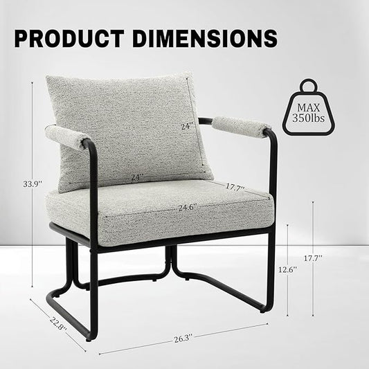 Single Accent Chair for Living Room, Mid Century Modern Upholstered Reading Armchair for Bedroom, Office, with Comfy Chenille Cushion Back & Metal Frame, Light Grey
