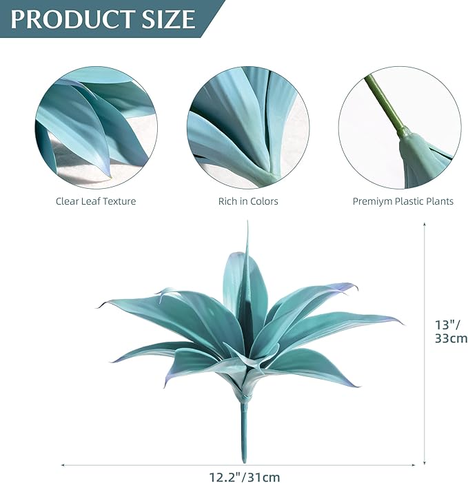 Artificial Agave Plants,Large UV Resistant Fake Agave Planters 12" for Indoor and Outdoor Decorating Tropical Plant Succulents Greenery Indoor Decor (Blue,2Pack)