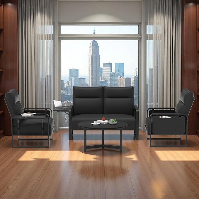 3 Piece Living Room Sofa Set, Leather Sofa Sets with Side Tray & Pocket, Modern 3 Pcs Sectional Couches Set for Apartment, Office, Bedroom (Black, Lovseat+2-Seat)