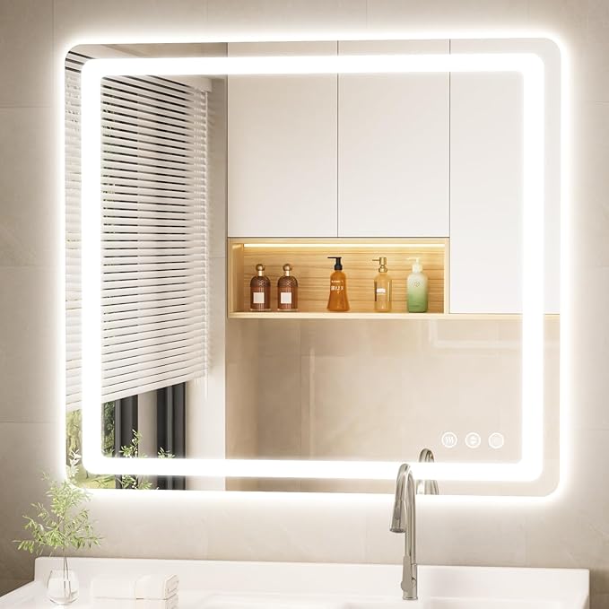 40" x 36" Led Bathroom Mirror with Lights, Anti-Fog & Tri-Color Lighting - Wall Mounted Shaving Mirror with Touch Sensor, Waterproof & Smart LED Vanity Mirror,Tempered Glass, Dimmable Smart Mirror