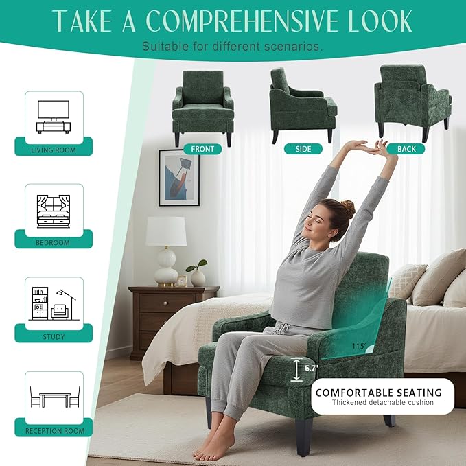 Modern Accent Chair for Bedroom Upholstered Reading Chair with Side Pockets Comfy Living Room Chairs Living Room Armchair for Office, Apartment (Green Chenille)