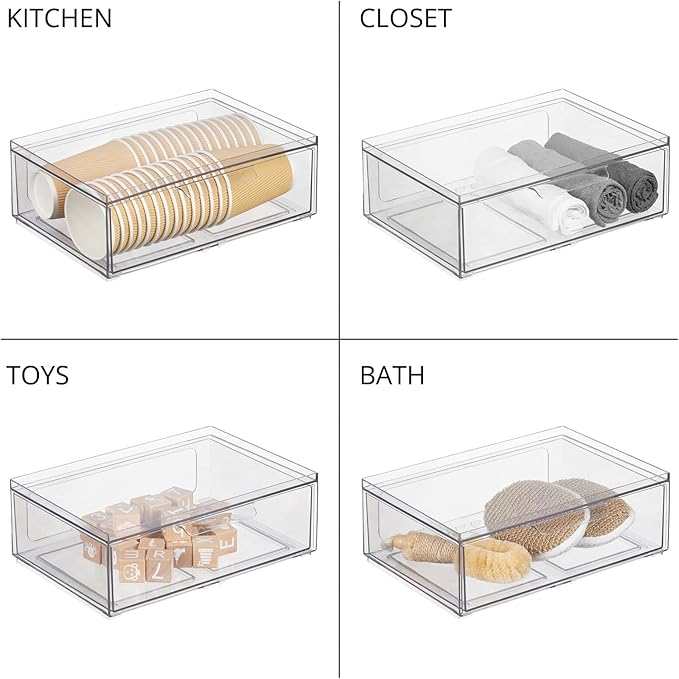 mDesign Plastic Wide Stackable Closet Storage Organizer Bin Containers with Front Pull Drawer for Cabinet, Desk, Shelf, Cupboard, or Dresser Organization, Lumiere Collection, 2 Pack - Clear