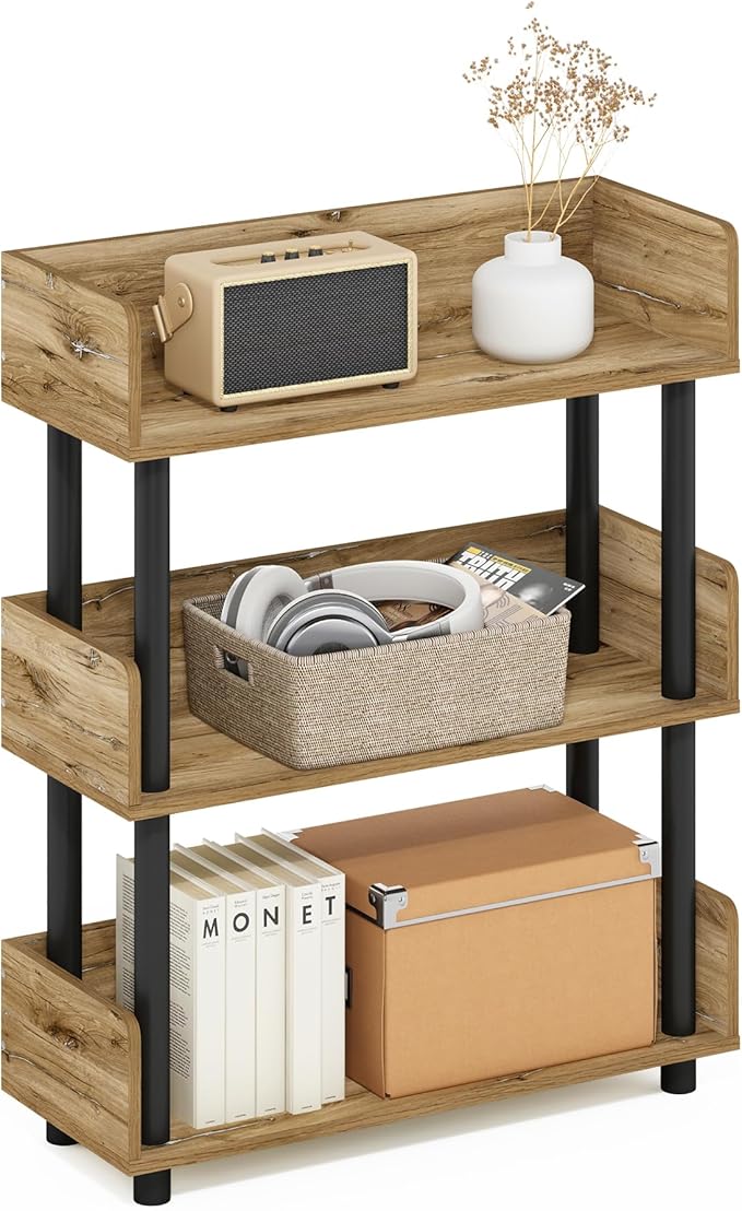 Furinno TURN-N-TUBE 3-Tier Display Shelf, Storage Shelves, Book Shelf, Open Shelves with Rounded Corner Top Edges, for Organization and Storage, Living Room, Home Office, Flagstaff Oak