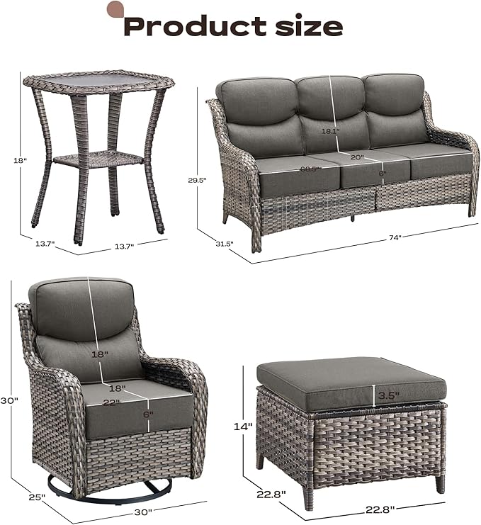 Wicker Outdoor Patio Furniture Set - 6 Piece Patio Conversation Sets with Swivel Rocker Chairs, Ottomans, Sofa and Side Table, 6 inch Cushions, Waterproof Wicker, for Porch Deck Mixed Grey/Grey