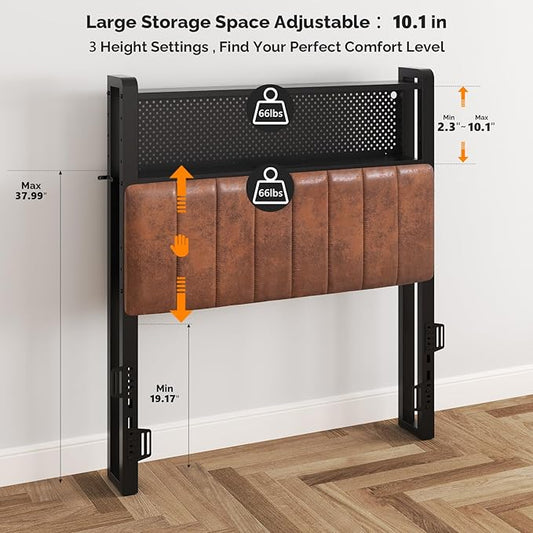 VINGLI Twin or Twin XL Size Headboard, Adjustable Upholstered Headboard with 2 Tier Shelves and Pegboard with Charging Stations and LED Lights, Modern Bed Headboard with Storage for Bedroom Decor