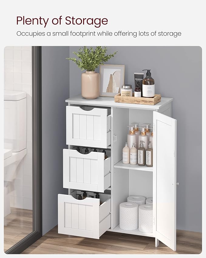 VASAGLE Floor Storage Cabinet, Freestanding Storage Unit with 3 Drawers, 1 Adjustable Shelf, for Bathroom Living Room Dining Kitchen, 11.8 x 23.6 x 31.5 Inches, White UBBC49WT