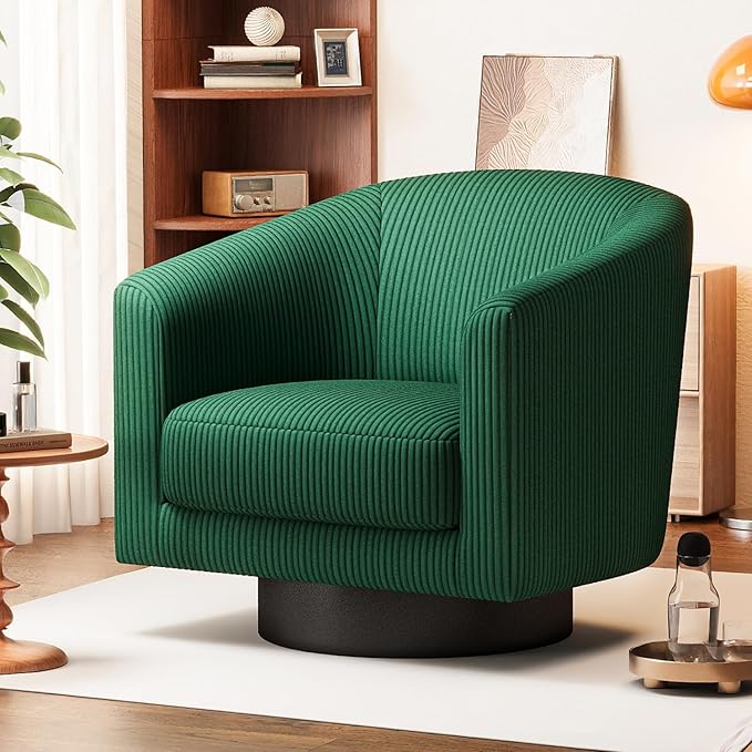 360Β° Swivel Accent Chairs, Modern Bucket Chair, Corduroy Barrel Armchair, Comfy Boucle Chair, Single Sofa for Living Room Bedroom. Green