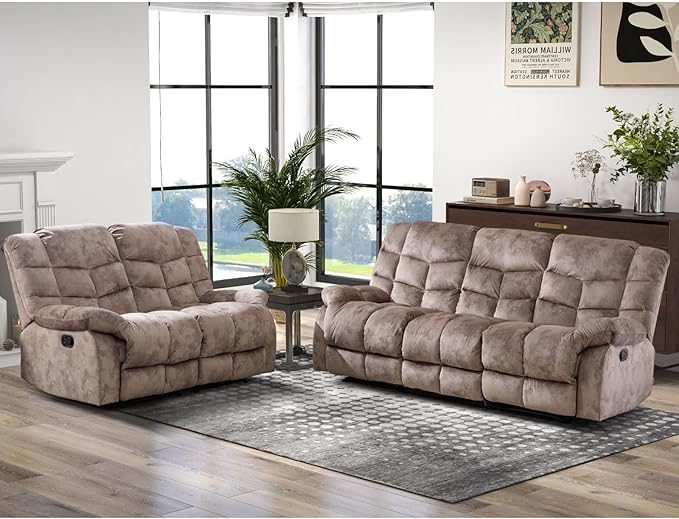 CANMOV Manual Reclining Sofa, 3 Seat Recliner Sofa with Armrest and Overstuffed Backrest, Couch Set for Living Room, Bedroom, Office, Light Brown