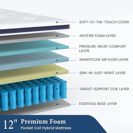Coolvie California King Mattress 12 Inch, Medium Feel Cal King Mattress in a Box, Hybrid Individual Pocket Springs with Memory Foam, Cooler Sleep with Pressure Relief and Support