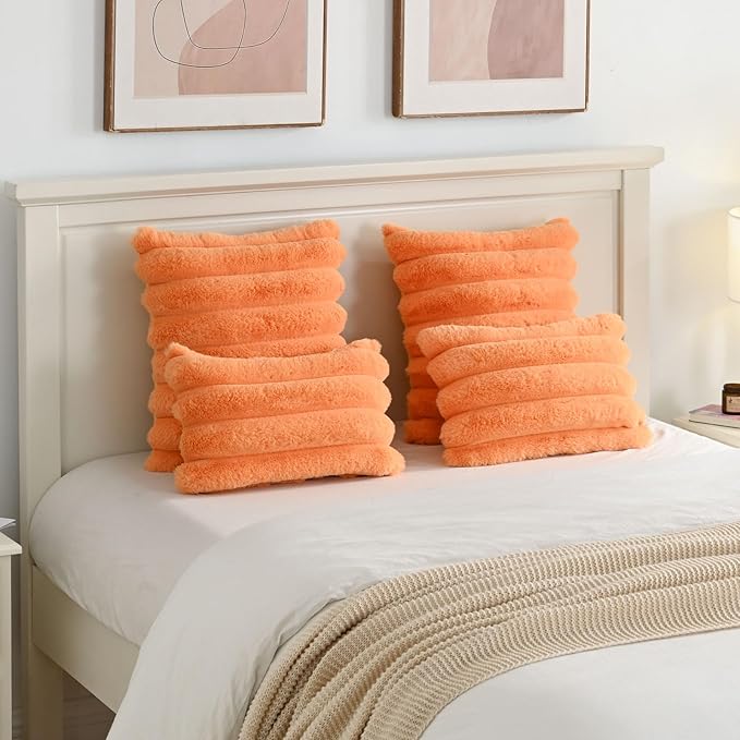 FUTEI Orange Decorative Throw Pillow Covers 20x20 Inch Set of 2, Square Soft Faux Rabbit Fur Thick Striped Cushion Cover,Winter Home Decor for Couch Bed Living Room