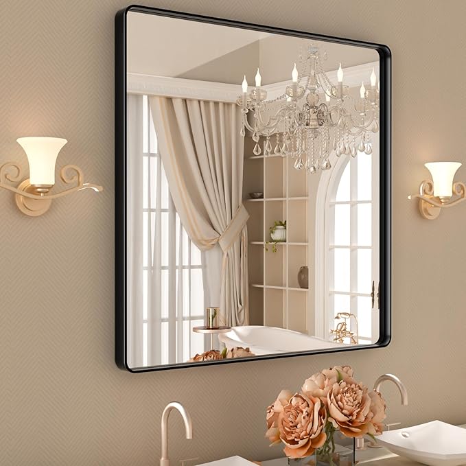36x36 Inch Black Bathroom Mirror,Rectangle Matte Black Bathroom Vanity Mirror for Wall,Tempered Glass,Round Corner Black Metal Framed Mirror