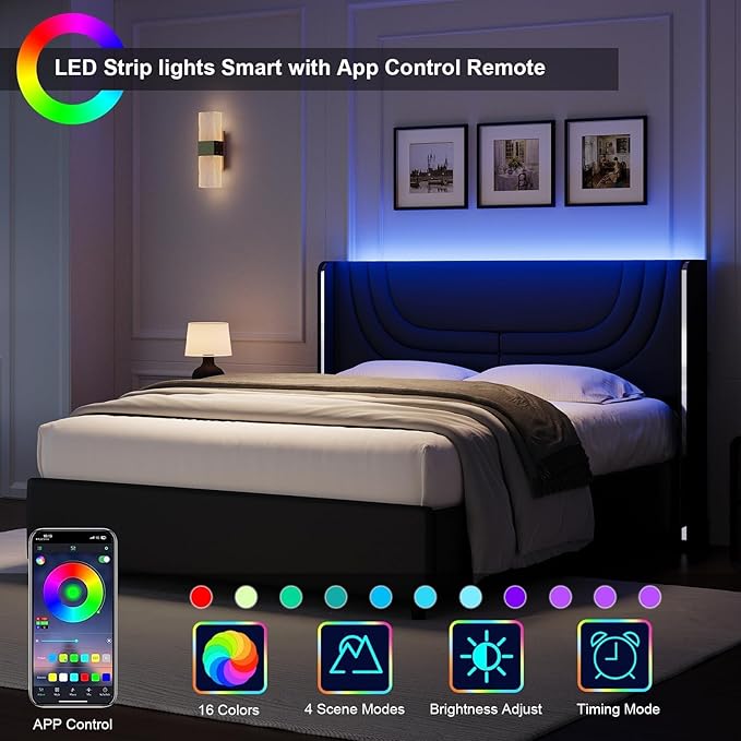 Full Size Bed Frame with LED Lights, Faux Leather Upholstered Platform with Silver Wingback Headboard, Modern Style, No Box Spring Needed, Easy Assembly, Black