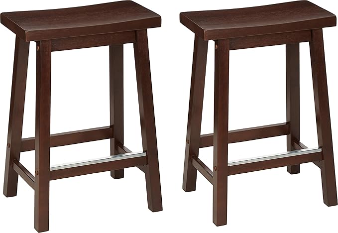 Amazon Basics Solid Wood Saddle-Seat Kitchen Counter Barstool with Footrest, Easy Assembly - 24-Inch Height - Walnut - Set of 2