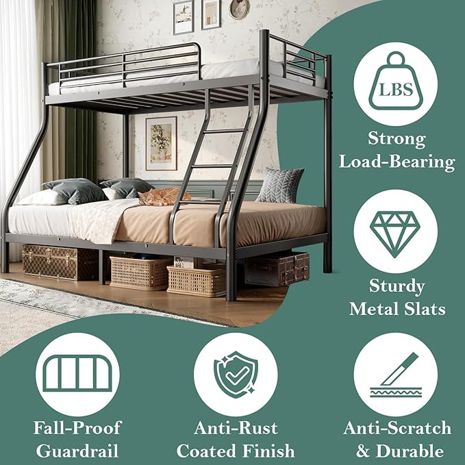 Bunk Beds Twin Over Full Size, Heavy Duty Bunk Beds with Bottom Space & Guardrail Metal Bunk Bed Frame for Adults Dorm Bedroom Guest Room, No Box Spring Needed(Upgrate Black)