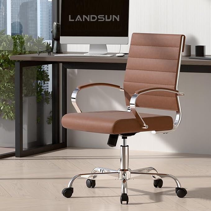 LANDSUN Home Office Chair Mid Back Desk Chair PU Leather Ribbed Executive Swivel Computer Chair with Wheels and Armrests Soft Padded Adjustable Height Conference Task Brown
