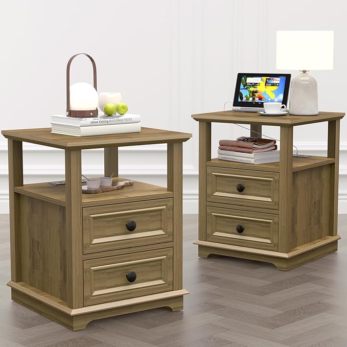 18" Wide End Table with Charging Station Set of 2, Fast Charge End Table Set of 2, Large 18” Bedside Table with Drawers, Storage Cabinet with Open Shelf for Bedroom, Natural