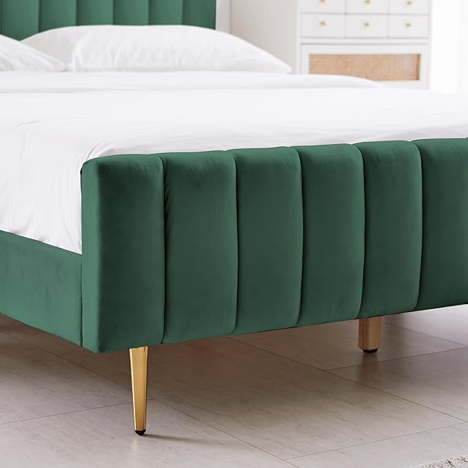 Livinia Twin Size Elton Velvet Platform Bed, Upholstered Bed Frame with Vertical Channel Tufted Headboard Footboard, Strong Wood Slats, No Box Spring Needed, Green (Twin)