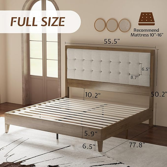 Jocisland Wood Full Size Bed Frame,Tall Upholstered Tufted Headboard, Solid Wood Platform, No Box Spring Needed, Ash Gray
