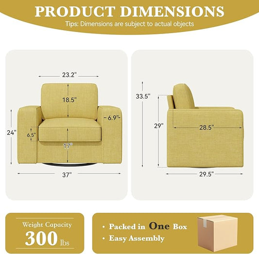 36'' Width Wide Swivel Accent Sofa Chair Set of 2, 360 Degree Rotation Oversized Wingback Armchair Linen Fabric Single Thick Cushion Soft Living Room, Office Yellow