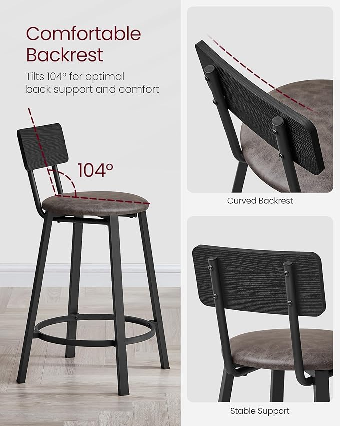 VASAGLE Bar Stools, Set of 2 PU Upholstered Breakfast Stools, 29.7-Inch Barstools with Back and Footrest, Simple Assembly, for Dining Room Kitchen Counter, Classic Black and Coffee Brown ULBC059B82