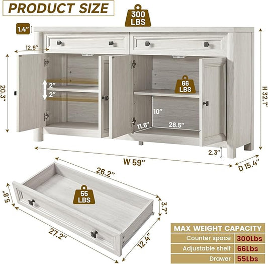 Farmhouse 59" Large Buffet Cabinet with Storage, White Sideboard Cabinets with 4 Doors and 2 Drawers, 32.1" Tall Wood Credenza Coffee Bar Console Kitchen Cabinet for Living Dining Room