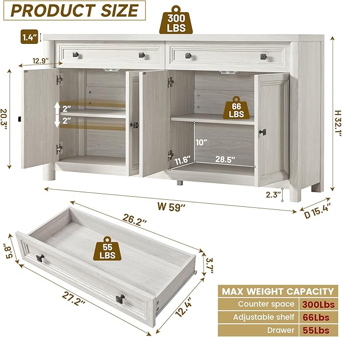 Farmhouse 59" Large Buffet Cabinet with Storage, White Sideboard Cabinets with 4 Doors and 2 Drawers, 32.1" Tall Wood Credenza Coffee Bar Console Kitchen Cabinet for Living Dining Room