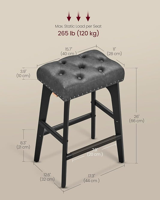 VASAGLE Bar Stools Set of 2, Saddle Counter Height Bar Stools, 26-Inch Backless Kitchen Stools with Wood Legs, PU Leather Thickened Upholstered Barstools for Kitchen Island Dining Room, Ink Black