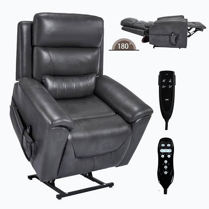 PELUMY Power Lift Recliner Chair for Elderly with Massage and Heat, Dual Motor Heavy Duty 350lbs Recliner, 8-Point Vibration & Lumbar Heating, Electric Lift Chair (Breathable Leather, Dark Grey)