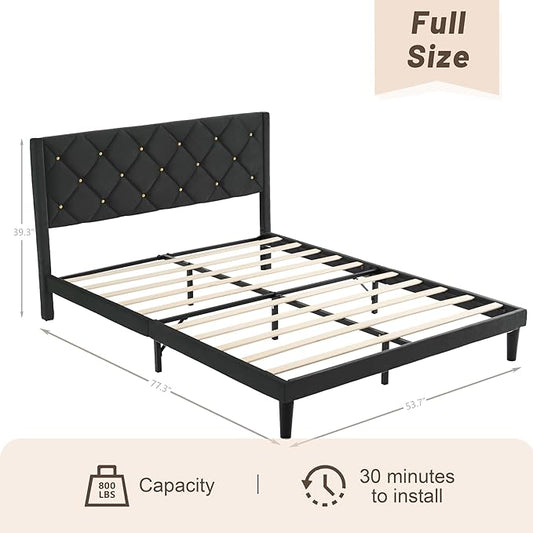Full Size Platform Bed Frame with Velvet Upholstered Headboard and Sturdy Wooden Slats Support,Mattress Foundation,Easy Assembly, No Box Spring Needed,Slip Resistant (Black, Full)