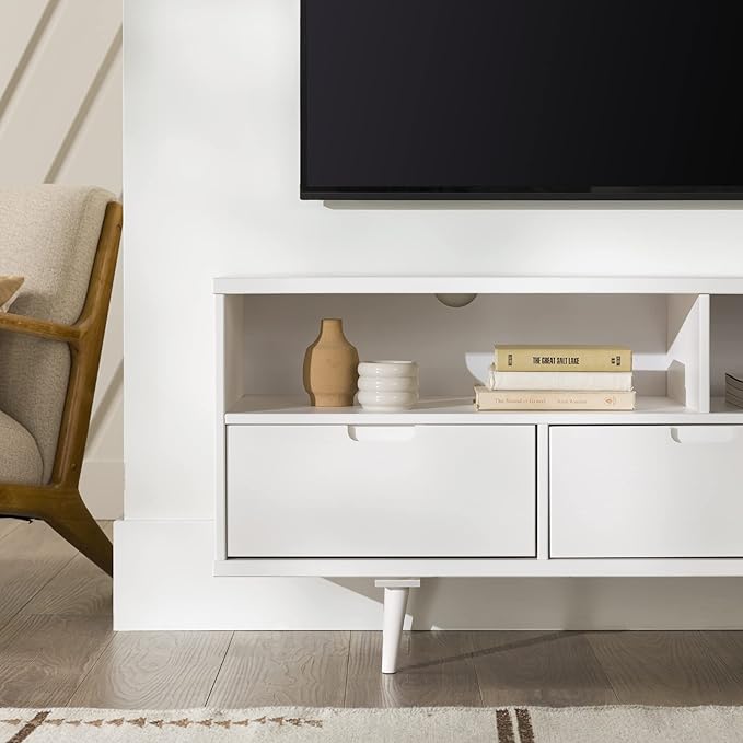 Walker Edison Millie Mid Century Modern 3 Drawer Solid Wood Low Stand for TVs up to 65 Inches, 58 Inch, White