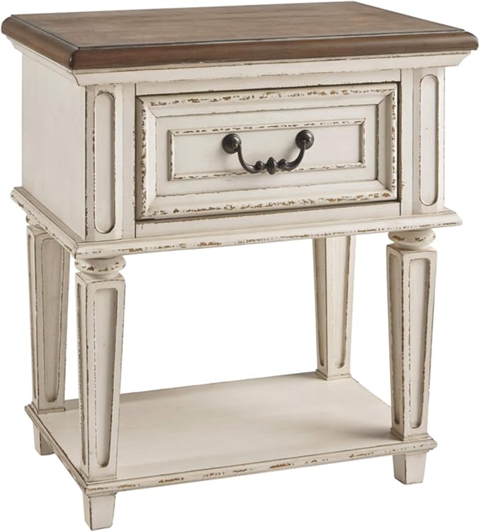 Signature Design by Ashley Realyn Traditional Cottage 1 Drawer Nightstand with Dovetail Construction & Open Display Shelf, Chipped White, 27" Tall, Distressed Brown