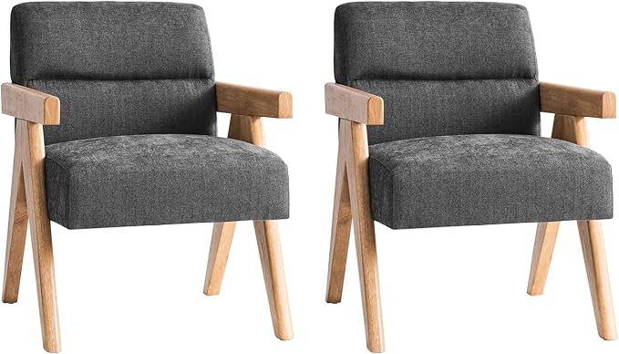 HULALA HOME Modern Accent Chair, Upholstered Arm Chair with Solid Wood Frame, Comfortable Padded Seat and Back, for Living Room, Bedroom Set of 2, Charcoal