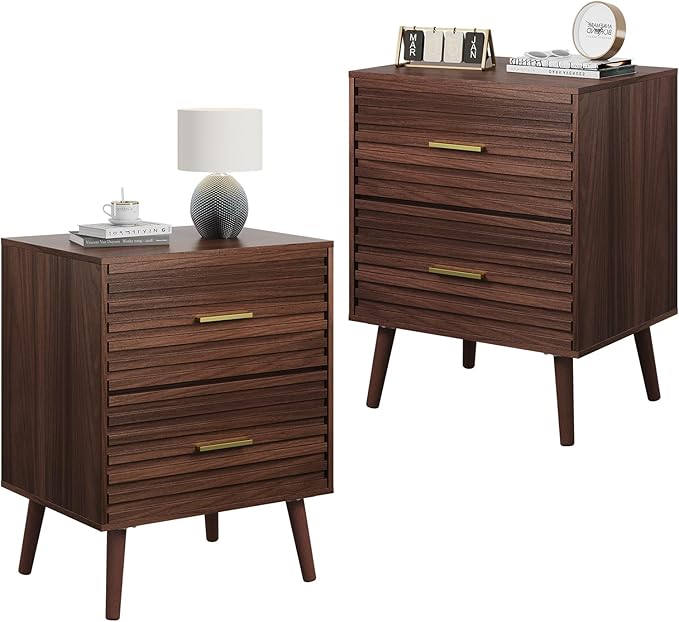 WLIVE Wood Night Stand Set of 2 with 2 Drawers, Mid Century Modern Nightstand Sets, Fluted Bed Side Tables for Bedroom, Dorm, Living Room End Table